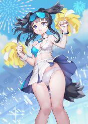 Rule 34 | 1girl, absurdres, aerial fireworks, animal ears, bare shoulders, black hair, blue archive, blue eyes, bluesnail, breasts, cheerleader, dog ears, dog girl, dog tail, eyewear on head, fireworks, goggles, goggles on head, halo, hibiki (blue archive), hibiki (cheer squad) (blue archive), highres, long hair, looking at viewer, medium breasts, millennium cheerleader outfit (blue archive), miniskirt, official alternate costume, open mouth, paid reward available, panties, pantyshot, pleated skirt, pom pom (cheerleading), sidelocks, skirt, small breasts, solo, sunglasses, tail, twintails, underwear, white skirt, wristband