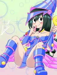 Rule 34 | 10s, 1girl, :p, artist request, ass, asui tsuyu, bad id, bad pixiv id, bare legs, bare shoulders, blush, boku no hero academia, boots, bracelet, breasts, cleavage, cosplay, dark magician girl, dark magician girl (cosplay), female focus, green hair, hat, highres, jewelry, long hair, loquillo, open mouth, sitting, solo, tongue, tongue out, yu-gi-oh!