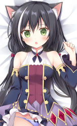 Rule 34 | :o, animal ear fluff, animal ears, bad id, bad pixiv id, bare shoulders, bed sheet, black hair, black sleeves, blush, bow, bow panties, breasts, cat ears, clothes lift, dakimakura (medium), detached sleeves, fingernails, green eyes, hair between eyes, hair bow, hand up, highres, karyl (princess connect!), korie riko, long hair, long sleeves, looking at viewer, low twintails, lying, medium breasts, multicolored hair, nail polish, on back, panties, parted lips, pink nails, princess connect!, purple panties, purple skirt, red bow, shirt, skirt, skirt lift, sleeveless, sleeveless shirt, solo, streaked hair, twintails, underwear, very long hair, white hair, white shirt