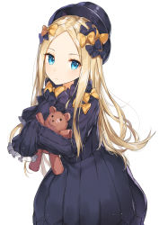 Rule 34 | 1girl, abigail williams (fate), black bow, black dress, black hat, blonde hair, blue eyes, blush, bow, bug, butterfly, closed mouth, commentary request, dress, fate/grand order, fate (series), forehead, hair bow, hat, hugging object, insect, long hair, long sleeves, looking at viewer, orange bow, parted bangs, polka dot, polka dot bow, rikoma, simple background, sleeves past fingers, sleeves past wrists, solo, stuffed animal, stuffed toy, teddy bear, very long hair, white background