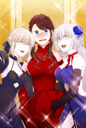 Rule 34 | 3girls, :d, ahoge, alternate costume, artist request, artoria pendragon (all), artoria pendragon (fate), backless dress, backless outfit, bare shoulders, black dress, black gloves, blue dress, blue eyes, blush, breasts, brown hair, choker, cleavage, cowboy shot, detached sleeves, dress, elbow gloves, embarrassed, fate/grand order, fate (series), flower, foreshortening, fujimaru ritsuka (male), genderswap, genderswap (mtf), girl sandwich, gloves, green eyes, grey hair, hair flower, hair ornament, jeanne d&#039;arc (fate), jeanne d&#039;arc (ruler) (fate), jeanne d&#039;arc alter (avenger) (fate), jeanne d&#039;arc alter (fate), large breasts, locked arms, long hair, looking at viewer, medium breasts, multiple girls, nose blush, official alternate costume, open mouth, pale skin, recursive genderswap, red dress, red gloves, ribbon choker, saber (fate), saber alter, sandwiched, selfie, short hair, side slit, sidelocks, sleeveless, sleeveless dress, small breasts, smile, spaghetti strap, sparkle, strapless, strapless dress, swept bangs, taut clothes, taut dress, tearing up, thighs, wavy mouth, white hair, yellow background, yellow eyes