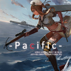 Rule 34 | 10s, 1girl, aircraft carrier, belt, beret, blonde hair, blue sky, bow (weapon), buckle, cloud, crop top, crossbow, dutch angle, english text, from side, glasses, gun, handgun, hat, holding, holding weapon, holster, horizon, hornet (pacific), jeanex, kantai collection, leaning forward, looking away, meme, midriff, military, military vehicle, navel, ocean, original, pacific (kancolle), personification, revolver, sailor collar, scope, serious, ship, short hair with long locks, short sleeves, sidelocks, skirt, sky, solo, striped clothes, striped thighhighs, tattoo, thighhighs, trigger discipline, united states, uss hornet (cv-8), uss hornet (cv-8) (aircraft carrier), warship, water, watercraft, waterskiing (meme), waves, weapon, white skirt, wind