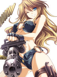 Rule 34 | 1girl, bandeau, bare shoulders, blue eyes, breasts, brown hair, bullet, denim, fingerless gloves, gatling gun, gloves, grin, gun, highres, holster, large breasts, long hair, looking at viewer, midriff, minigun, monety, o-ring, o-ring bottom, o-ring top, one eye closed, open fly, original, short shorts, shorts, simple background, smile, solo, thigh holster, underboob, unzipped, weapon, white background, wink