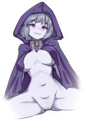 Rule 34 | 1girl, :3, bottomless, breasts, breasts apart, cape, cloak, colored skin, commentary, gluteal fold, grey hair, highres, hood, hooded cape, large breasts, lich (monster girl encyclopedia), looking at viewer, monster girl, monster girl encyclopedia, naked cape, naked cloak, nanostar, navel, purple eyes, pussy, short hair, simple background, smile, solo, spread legs, stomach, uncensored, white background, white skin