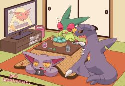 Rule 34 | :3, animal focus, berry (pokemon), black sclera, blaziken, bowl, colored sclera, controller, creatures (company), cup, door, dragon, drink, drooling, closed eyes, flygon, from behind, game freak, garchomp, gen 2 pokemon, gen 3 pokemon, gen 4 pokemon, gible, gligar, gliscor, half-closed eyes, hand up, handheld game console, happy, highres, holding, holding handheld game console, indoors, japanese text, kotatsu, lucario, lying, musical note, nintendo, nintendo switch, no humans, on stomach, open mouth, playing games, pokemon, pokemon (creature), remote control, rug, sharp teeth, sitting, sleepy, smile, spikes, spoken musical note, subaru331, table, tea, tears, teeth, television, translation request, trapinch, trash can, unmoving pattern, watching television, yache berry, yellow eyes, yellow sclera