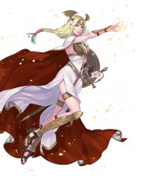 Rule 34 | 1girl, arm guards, armor, blonde hair, braid, cape, chain, closed mouth, dress, fire emblem, fire emblem: three houses, fire emblem heroes, flower, gradient hair, green eyes, green hair, hair flower, hair ornament, high heels, highres, lips, long dress, long hair, looking away, low-braided long hair, low-tied long hair, multicolored hair, nintendo, nishiki areku, official art, seiros (fire emblem), serious, shield, single braid, sleeveless, sleeveless dress, solo, sword, thigh strap, toeless footwear, toes, transparent background, two-tone hair, weapon, white background, white dress