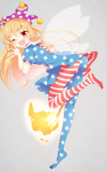 Rule 34 | 1girl, ;d, american flag dress, american flag legwear, aoi (annbi), ass, blonde hair, clownpiece, collar, fairy wings, fire, frilled collar, frilled shirt collar, frills, hat, highres, jester cap, leg up, long hair, looking at viewer, one eye closed, open mouth, pantyhose, polearm, polka dot, red eyes, short sleeves, simple background, smile, solo, standing, standing on one leg, striped clothes, striped pantyhose, tiptoes, torch, touhou, weapon, wings