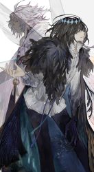Rule 34 | 2boys, alternate hair color, arthropod boy, black hair, black pants, blue eyes, cloak, collared shirt, crown, diamond hairband, earrings, fate/grand order, fate (series), feet out of frame, fur-trimmed cloak, fur collar, fur trim, grey background, hair between eyes, highres, insect wings, jewelry, long hair, long sleeves, looking at viewer, male focus, medium hair, merlin (fate), multiple boys, oberon (fate), oberon (third ascension) (fate), official alternate costume, pants, purple eyes, shirt, simple background, smile, spoilers, surume (su1193), very long hair, white hair, white shirt, wings
