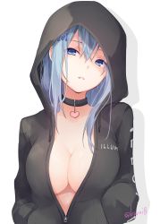 Rule 34 | 1girl, absurdres, blue eyes, blue hair, blush, breasts, choker, cleavage, clothes writing, collarbone, emori miku, hair between eyes, hair ornament, hands in pockets, head tilt, heart, heart choker, highres, hood, hood up, hoodie, kuroi (liar-player), large breasts, liver city, long hair, looking at viewer, no bra, parted lips, partially unzipped, solo, twitter username, upper body