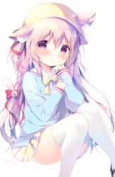Rule 34 | 1girl, animal ears, azur lane, bell, blue shirt, blush, bow, cat ears, cat tail, commentary request, convenient leg, hand to own mouth, hat, jingle bell, kindergarten uniform, kisaragi (azur lane), knees together feet apart, long hair, mary janes, pink eyes, pink hair, ribbon, shiratama (shiratamaco), shirt, shoes, side ponytail, sitting, skirt, solo, tail, tail ornament, tail ribbon, thighhighs, white thighhighs, yellow skirt