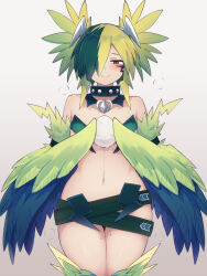 Rule 34 | 1girl, bare shoulders, bird legs, black feathers, blonde hair, blush, commentary request, egg, facial mark, feathered wings, feathers, green feathers, green hair, hair over one eye, harpy, highres, holding, holding egg, looking at viewer, midriff, monster girl, monster girl encyclopedia, multicolored hair, navel, pussy juice, simple background, smile, solo, thunderbird (monster girl encyclopedia), two-tone hair, two-tone wings, white background, winged arms, wings, yonaga san
