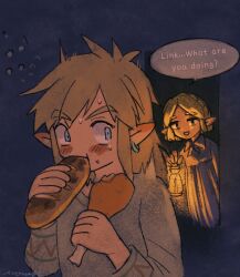 1boy 1girl blonde_hair blue_eyes blush braid bread chicken_(food) chicken_leg crown_braid earrings eating english_text food grey_shirt highres holding holding_lantern jewelry lantern link loaf_of_bread long_hair mouyi nightgown nintendo open_mouth parted_bangs pointy_ears princess_zelda shirt short_hair sidelocks smile speech_bubble sweatdrop the_legend_of_zelda the_legend_of_zelda:_breath_of_the_wild upper_body white_nightgown