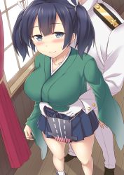 Rule 34 | 10s, 1boy, 1girl, admiral (kancolle), belly grab, blue eyes, blue hair, blush, breasts, collarbone, hair ribbon, japanese clothes, kantai collection, large breasts, long sleeves, pleated skirt, ribbon, sama samasa, short hair, skirt, souryuu (kancolle), sweat, twintails