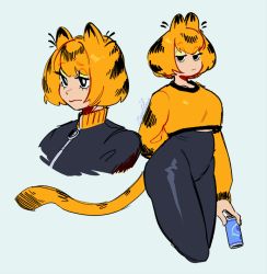 Rule 34 | 1girl, animal ears, arm at side, arm behind back, artist name, black eyes, black hair, black jacket, bob cut, breasts, bright pupils, can, cat ears, cat girl, cat tail, closed mouth, collarbone, commentary, crop top, cropped legs, english commentary, eyeshadow, garfield, garfield (character), genderswap, genderswap (mtf), grey background, hair between eyes, high-waist pants, high collar, holding, holding can, humanization, jacket, leggings, long sleeves, looking at viewer, looking to the side, makeup, midriff peek, multicolored hair, multiple views, orange hair, pants, shiny clothes, shirt, short hair, signature, simple background, streaked hair, tail, white pupils, yellow eyeshadow, zambiie