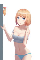 Rule 34 | 2girls, alice margatroid, bad id, bad pixiv id, bare arms, bare shoulders, blonde hair, blue eyes, blue panties, blush, blush stickers, bow, breasts, camisole, cleavage, cowboy shot, du mogu, hair bow, highres, jitome, looking at viewer, medium breasts, mini person, minigirl, multiple girls, navel, open mouth, panties, peeking out, red bow, shanghai doll, simple background, standing, stomach, strap slip, striped clothes, striped panties, tareme, touhou, underwear, white background