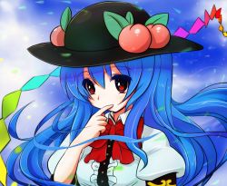 Rule 34 | 1girl, blouse, blue hair, blue sky, bow, cloud, day, female focus, finger to mouth, food, fruit, gyamo, hat, hinanawi tenshi, leaf, light particles, long hair, looking at viewer, peach, red eyes, shirt, sky, solo, touhou, upper body