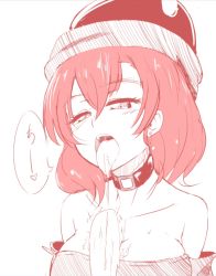 Rule 34 | 1girl, bare shoulders, breasts, choker, cleavage, collarbone, commentary request, earrings, food, hecatia lapislazuli, highres, jewelry, medium breasts, medium hair, off-shoulder shirt, off shoulder, open mouth, red hair, saliva, sexually suggestive, shirt, simple background, solo, tongue, tongue out, touhou, upper body, yocchi (tenyunkel)