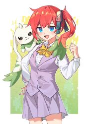 Rule 34 | aiba ami, blue eyes, digimon, digimon story: cyber sleuth, goggles, goggles on head, long hair, red hair, school uniform, sidetail, terriermon