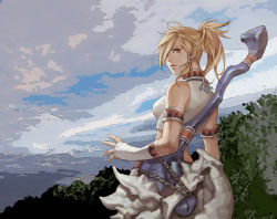 Rule 34 | 1girl, armband, bad id, bad pixiv id, blonde hair, capcom, chain, character request, cloud, detached sleeves, dutch angle, eriya-j, from behind, hair over one eye, looking back, monster hunter (series), signature, sky, solo, war hammer, warhammer, weapon, yellow eyes