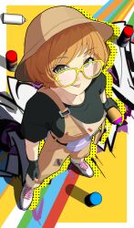 Rule 34 | 1girl, absurdres, belt pouch, border, brown eyes, brown overalls, graffiti, green shirt, haerge, highres, light brown hair, overalls, paint, persona, persona 4, pouch, satonaka chie, shirt, short hair, solo, spray can, tongue, tongue out, white border, yellow-framed eyewear