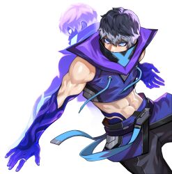 Rule 34 | 1boy, absurdres, artist request, belt, black hair, blue eyes, covered mouth, crop top, dual persona, grey hair, highres, jewelry, male focus, midriff, multicolored hair, muscular, muscular male, non-web source, official art, omega strikers, pants, ring, rune (omega strikers), sleeveless, slit pupils, two-tone hair