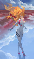 Rule 34 | 1girl, absurdres, artist request, blue eyes, bodysuit, breasts, closed mouth, covered navel, curvy, evangelion: 3.0+1.0 thrice upon a time, female focus, floating hair, full body, highres, long hair, looking at viewer, medium breasts, neon genesis evangelion, orange hair, outdoors, pilot suit, plugsuit, rebuild of evangelion, shiny clothes, simple background, solo, souryuu asuka langley, standing, white bodysuit, wide hips
