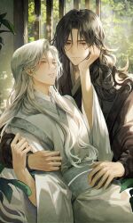 Rule 34 | 2boys, absurdres, black hair, character request, chinese clothes, copyright request, highres, long hair, long sleeves, looking at another, male focus, multiple boys, very long hair, wavy hair, white hair, wide sleeves, yaoi, yellow eyes, young57440489
