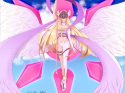 Rule 34 | absurdres, angel, angel girl, angewomon, belt, covered eyes, crests (digimon), digimon, feathered wings, highres, mask, wings