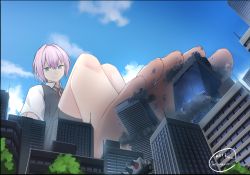 Rule 34 | 1girl, barefoot, bike shorts, blue eyes, blue sky, city, closed mouth, commission, day, destruction, from below, giant, giantess, highres, kantai collection, looking at viewer, natsukaze shigure, outdoors, pink hair, ponytail, shiranui (kancolle), short sleeves, sitting, skeb commission, sky, smile, solo, vest