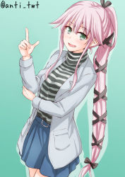Rule 34 | 10s, 1girl, anti (untea9), blush, casual, green eyes, hair ornament, hair ribbon, highres, index finger raised, kantai collection, long hair, multiple girls, open mouth, pink hair, ponytail, ribbon, shirt, side ponytail, skirt, smile, striped clothes, striped shirt, twitter username, very long hair, yura (kancolle)