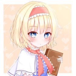 Rule 34 | 1girl, alice margatroid, blonde hair, blue dress, blue eyes, blush, book, breasts, brown background, capelet, closed mouth, commentary request, don (tiruchoco41), dress, frilled hairband, frills, hairband, hand up, heart, heart background, highres, holding, holding book, red hairband, simple background, small breasts, solo, star (symbol), starry background, touhou, two-tone background, upper body, white capelet