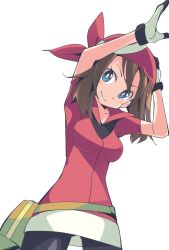Rule 34 | 1girl, bandana, bike shorts, blue eyes, breasts, brown hair, collarbone, creatures (company), game freak, gloves, ixy, light smile, looking at viewer, may (pokemon), medium breasts, nintendo, pokemon, pokemon rse, simple background, solo, white background