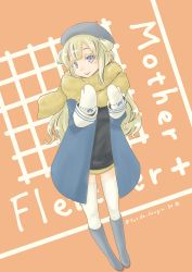Rule 34 | 1girl, absurdres, alternate costume, beret, black dress, blonde hair, blue coat, blue eyes, blue hat, boots, brown scarf, character name, coat, commentary request, double bun, dress, fletcher (kancolle), full body, grey footwear, hair bun, hat, highres, kantai collection, leaning forward, long hair, one-hour drawing challenge, orange background, pot-de, scarf, smile, solo, standing, two-tone background