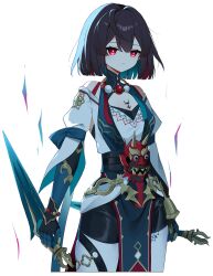 Rule 34 | 1girl, :|, armored gloves, bead necklace, beads, black hair, black shorts, bob cut, closed mouth, clothing cutout, colored inner hair, commentary request, cowboy shot, dagger, expressionless, green hair, high-waist shorts, highres, holding, holding dagger, holding knife, holding weapon, honkai: star rail, honkai (series), jewelry, knife, mask, multicolored hair, necklace, nirako mona, oni mask, red eyes, red hair, red mask, reverse grip, shirt, short hair, shorts, shoulder cutout, solo, weapon, white shirt, xueyi (honkai: star rail)