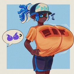 Rule 34 | 1girl, blue background, blue eyes, blue hair, blue tongue, breasts, chestnut mouth, colored tongue, dark-skinned female, dark skin, domino mask, earrings, gigantic breasts, hat, highres, inkling, inkling girl, inkling player character, jewelry, lueduar, mask, nintendo, offscreen person, open mouth, orange shirt, outline, pointy ears, ponytail, shirt, speech bubble, splatoon (series), standing, taut clothes, top heavy, white outline