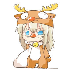 Rule 34 | 10s, 1girl, animal costume, antlers, aqua eyes, bell, girls und panzer, horns, itsumi erika, lowres, no mouth, rebecca (keinelove), reindeer antlers, reindeer costume, sack, solo, whiskers