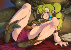 Rule 34 | 1girl, 1other, alien, ankle boots, armlet, blue eyes, blue hair, blue nails, blush, boots, breasts, chain, chained, commentary, cosplay, crotch plate, elf, english commentary, fingernails, gradient hair, green hair, jabba the hutt, large breasts, long hair, lying, m legs, maeve (urumi), metal bikini, multi-tied hair, multicolored hair, nail polish, on back, original, pelvic curtain, pointy ears, ponytail, princess leia organa solo, princess leia organa solo (cosplay), reclining, sidelocks, slave, solo focus, star wars, star wars: return of the jedi, teeth, two-tone hair, underboob, upper teeth only, urumi (urumi00)