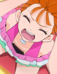 Rule 34 | 1girl, breasts, cleavage, downblouse, extended downblouse, closed eyes, from above, haruyama kazunori, natsuumi manatsu, open mouth, orange hair, panties, precure, small breasts, solo, teeth, thighs, tropical-rouge! precure, underwear, upper teeth only