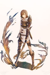 Rule 34 | 1girl, armor, armored boots, asymmetrical clothes, asymmetrical legwear, black gloves, boots, breastplate, brown eyes, brown footwear, brown hair, closed mouth, expressionless, fantasy, full body, gloves, highres, holding, holding sword, holding weapon, knee boots, looking at viewer, mismatched legwear, original, pip (red juice1869), robe, short hair, shoulder guard, solo, standing, sword, tsurime, vambraces, weapon
