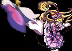 Rule 34 | 1girl, asahina mirai, black background, blonde hair, boots, bow, cure miracle, gloves, hair bow, hat, kicking, knee boots, long hair, magical girl, mahou girls precure!, mini hat, mini witch hat, motion blur, multicolored eyes, pink hat, pink skirt, precure, purple eyes, red bow, senmu (0107), skirt, solo, white footwear, white gloves, witch hat, yellow eyes