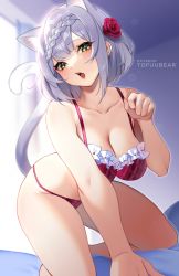 Rule 34 | 1girl, absurdres, all fours, animal ears, blush, bra, braid, breasts, cat ears, cat girl, cat tail, cleavage, collarbone, flower, genshin impact, green eyes, grey hair, hair flower, hair ornament, hand up, highres, large breasts, looking at viewer, noelle (genshin impact), open mouth, panties, patreon username, paw pose, red bra, red panties, short hair, solo, tail, thighs, tofuubear, underwear