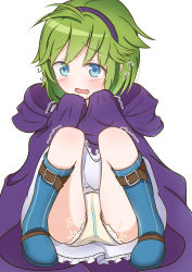 Rule 34 | 1girl, ahoge, blue eyes, blue footwear, blush, boots, buckle, cloak, diaper, dot nose, embarrassed, fire emblem, fire emblem: the blazing blade, frilled skirt, frills, full body, green hair, hair ornament, hairband, headband, highres, hood, hood down, hooded cloak, knees up, lemonade (lemon ade115), looking at viewer, nino (fire emblem), nintendo, open mouth, panties, pantyshot, pee stain, peeing, peeing self, print diaper, purple cloak, purple hairband, shiny footwear, simple background, sitting, skirt, solo, stain, stained clothes, stained underwear, tearing up, thighs, trembling, underwear, upskirt, wet, wet clothes, wet diaper, wet underwear, white background, white skirt