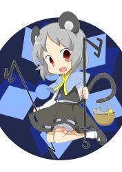Rule 34 | 1girl, :d, absurdres, animal ears, basket, bloomers, capelet, cheese, chibi, circle, dowsing rod, female focus, food, grey hair, highres, jewelry, looking at viewer, mary janes, mouse (animal), mouse ears, mouse tail, nazrin, open mouth, pendant, red eyes, shoes, short hair, smile, solo, tail, touhou, underwear, yamabuki (yusuraume)