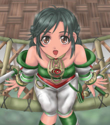 Rule 34 | 1041 (toshikazu), 1girl, :d, bare shoulders, brown eyes, from above, green hair, looking at viewer, lowres, open mouth, sitting, smile, solo, soul calibur, soulcalibur ii, talim, tonfa, weapon