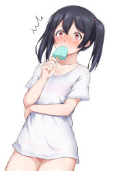 Rule 34 | 1girl, ^^^, black hair, blush, breasts, chocolate mint, cleavage, cowboy shot, dutch angle, embarrassed, food, food in mouth, hair between eyes, hair tie, highres, hitotsuki no yagi, holding, holding food, looking at viewer, love live!, love live! school idol project, medium hair, mint chocolate, no pants, nose blush, panties, pantyshot, pink panties, popsicle, red eyes, shirt, short sleeves, sidelocks, simple background, small breasts, solo, standing, sweatdrop, twintails, underwear, white background, white shirt, wide-eyed, yazawa nico