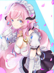 1girl black_skirt blue_eyes elysia_(honkai_impact) elysia_(miss_pink)_(honkai_impact) elysia_(miss_pink_elf)_(honkai_impact) frilled_hairband frills gloves hairband halterneck hand_up highres honkai_(series) honkai_impact_3rd horns long_hair looking_at_viewer miniskirt natumusumeab pink_hair puffy_short_sleeves puffy_sleeves short_sleeves skirt solo upper_body very_long_hair white_gloves white_hairband