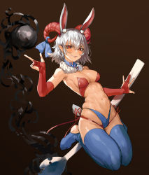 Rule 34 | 1girl, \||/, abs, absurdres, animal ear fluff, animal ears, breasts, bridal gauntlets, brown background, fake animal ears, fingerless gloves, gloves, highleg, highres, index finger raised, navel, pointy ears, rabbit ears, red eyes, revealing clothes, simple background, solo, thighhighs, tomatolover16, touhou, toutetsu yuuma