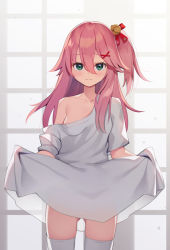 Rule 34 | 1girl, bell, blush, breasts, clothes lift, collarbone, commentary request, cowboy shot, dress, dress lift, gluteal fold, green eyes, hair bell, hair between eyes, hair ornament, hairclip, hololive, jingle bell, lifted by self, long hair, off shoulder, one side up, pink hair, sakura miko, short sleeves, single bare shoulder, small breasts, solo, thighhighs, virtual youtuber, white dress, white thighhighs, x hair ornament, xinoa non