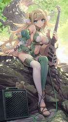 Rule 34 | 1girl, :o, amplifier, asymmetrical legwear, bare shoulders, bass guitar, blonde hair, blue eyes, breasts, bridal gauntlets, center opening, cleavage, clothing cutout, detached sleeves, double bun, elf, frilled thighhighs, frills, gold trim, green skirt, green thighhighs, hair bun, hair ornament, highres, holding, instrument, kaito (k4itoh), large breasts, long hair, looking at viewer, microskirt, mismatched legwear, nail polish, navel, open mouth, original, pointy ears, puffy sleeves, revealing clothes, sandals, side cutout, sitting, skirt, solo, stirrup legwear, stomach, thighhighs, thighs, toeless legwear, tree, very long hair, white thighhighs, wing collar