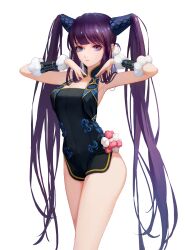 Rule 34 | 1girl, absurdres, armpits, arms up, bare shoulders, black dress, blue eyes, blunt bangs, breasts, china dress, chinese clothes, cleavage, detached sleeves, dress, fate/grand order, fate (series), hair ornament, highres, large breasts, legs, lizchief, long hair, looking at viewer, purple hair, side slit, sidelocks, simple background, solo, thighs, twintails, very long hair, white background, wrist cuffs, yang guifei (fate), yang guifei (second ascension) (fate)